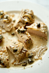 Chicken breasts in mustard sauce on white plate