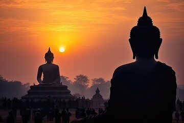 Jour Magha Asanha Visakha Puja. Silhouette de Bouddha sur fond de coucher de soleil flou