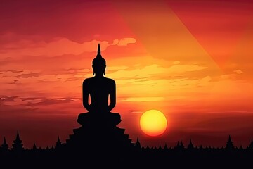 Jour Magha Asanha Visakha Puja. Silhouette de Bouddha sur fond de coucher de soleil flou