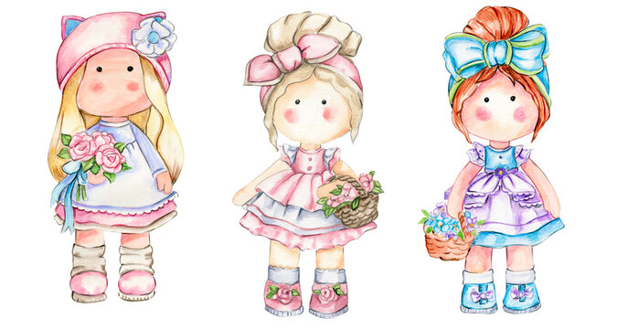 Watercolor hand drawn cute doll Tilda in dress set. Hand drawn illustration isolated on white. Designf for baby shower party, birthday, cake, holiday celebration design, greetings card,invitation.