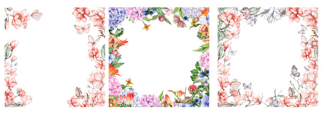 Watercolor hand drawn spring garden full of flowers square frame set. Watercolor illustration for scrapbooking.Cartoon hand drawn background with flower for kids design.Perfect for wedding invitation.
