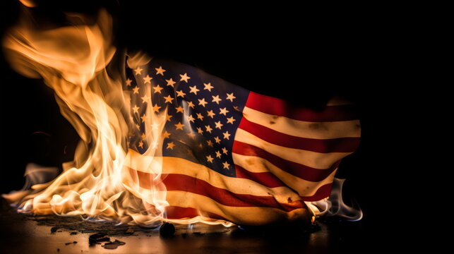 american flag on fire isolated on black background, made with generative ai
