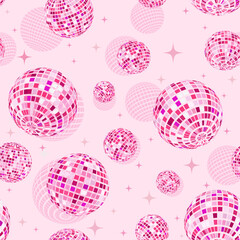 Disco balls seamless pattern in pink. Kitchen disco, boogie, 70s good vibes. Music, parties, festivals. Retro and vintage print.
