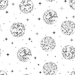 Disco balls seamless pattern in silver. Kitchen disco, boogie, 70s good vibes. Music, parties, festivals. Retro and vintage print.