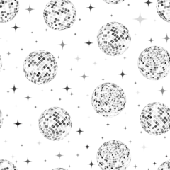 Disco balls seamless pattern in silver. Kitchen disco, boogie, 70s good vibes. Music, parties, festivals. Retro and vintage print. © Yulia Lisitsa