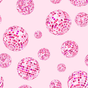 Disco balls seamless pattern in pink. Kitchen disco, boogie, 70s good vibes. Music, parties, festivals. Retro and vintage print.