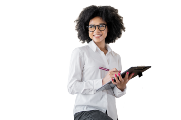 A happy financier woman uses a tablet in business clothes and glasses. Transparent background, png.