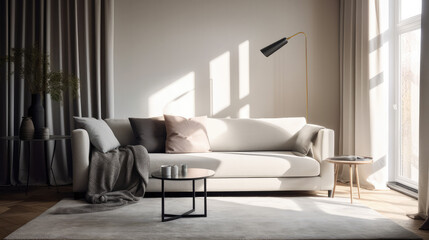 View inside a modern living room with a big white sofa. Generative AI.