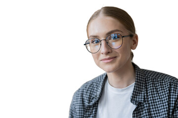 A business smart woman looks into the camera with glasses in a shirt, transparent background,...