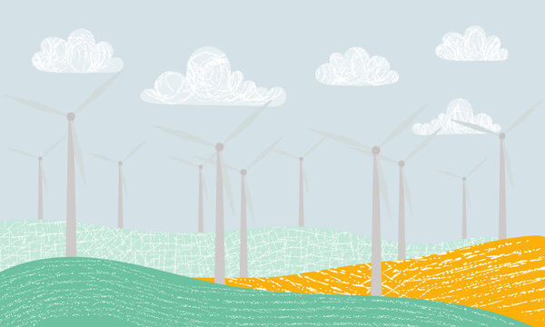 Picture with windmills. Wind energy. Solar energy. A green and yellow wind farm with a blue sky and clouds