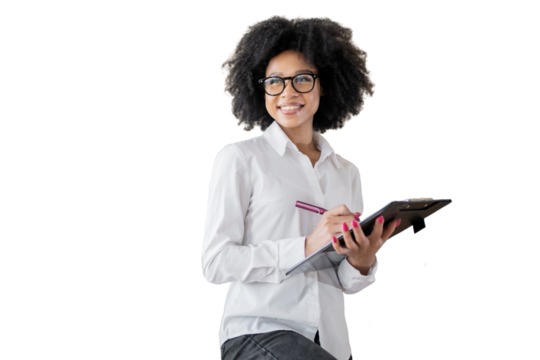 A happy financier woman uses a tablet in business clothes and glasses. Transparent background, png.