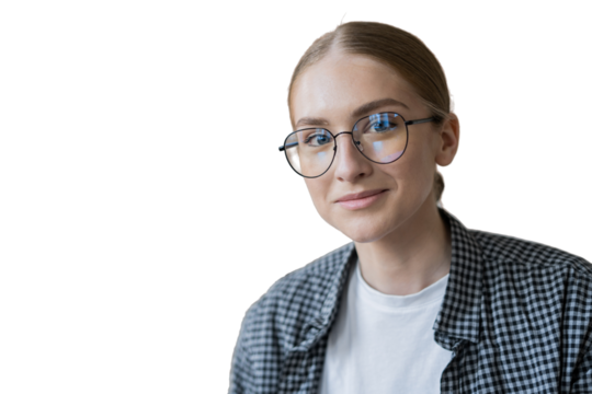 A business smart woman looks into the camera with glasses in a shirt, transparent background, isolated.