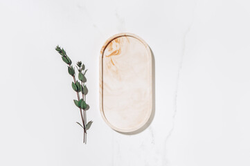Beauty cosmetics product presentation flat lay mockup scene made with beige marble oval shape and...