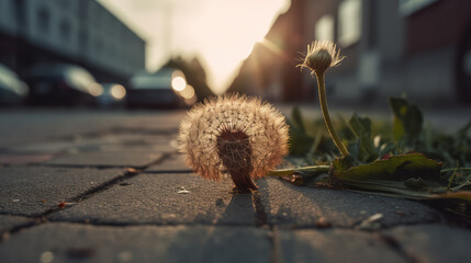 Blooming blowball of a dandelion plant growing on the street. Generative AI.