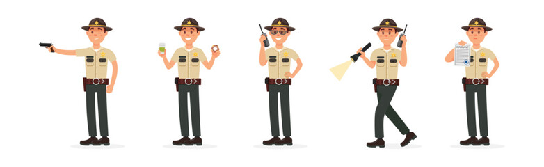 Male Sheriff in Police Uniform Doing His Job Vector Illustration Set