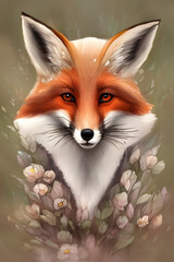 Obraz premium Beautiful fox with floral decor. Colorful wildlife portrait. Poster for spring holidays, generative AI.