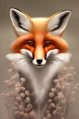 Beautiful fox with floral decor. Colorful wildlife portrait. Poster for spring holidays, generative AI.