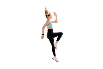 Jumping woman tracksuit fitness healthy lifestyle aerobics uses exercise. Transparent background, png.m