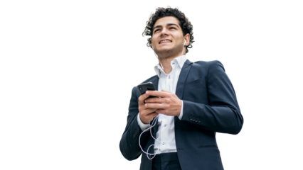 A businessman manager in a business suit uses a phone, curly. Transparent background, png.