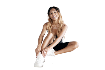 Sporty cheerful woman resting sitting in fitness clothes break, transparent background, isolated.