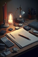 an accountant's desk with a calculator, pen, and financial documents scattered about.