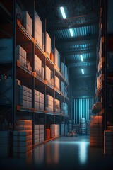 a warehouse with shelves stacked high with products waiting to be shipped.