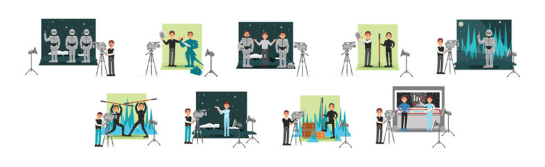 Young Male Cameraman Filming Movie with Actor Wearing Costume Vector Illustration Set