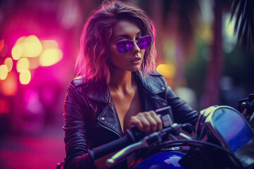 Naklejka na ściany i meble Attractive young woman riding a sleek motorcycle, wearing sunglasses at a tropical neon-lit party with palm trees in the background. Generative AI.