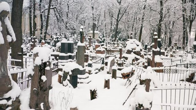 Drone view of Bernardine XIX century cemetery on winter day. VILNIUS, LITHUANIA - WINTER 2023.