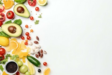 Naklejka na ściany i meble Healthy food on the white background isolated with copy space. Fruit, vegetable, seeds, superfood, leaf vegetable. Healthy eating concept. Generative AI