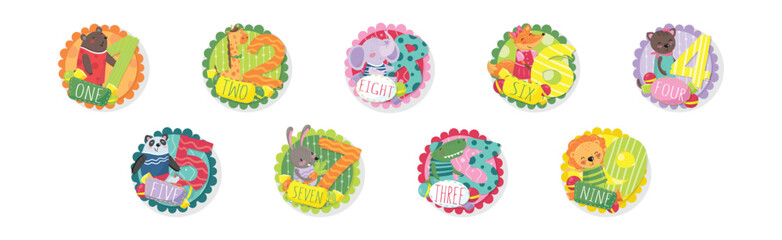 Kids Anniversary Numbers Round Sticker with Animal Vector Set
