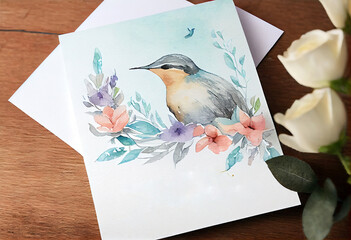 Mother's day greeting card. Spring flowers and bluebird watercolour drawing on greeting card. Digitally generated AI image