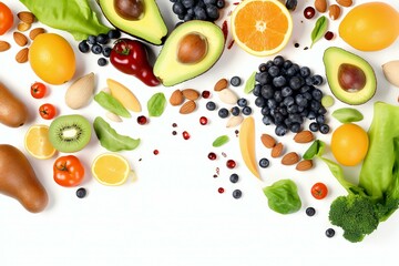 Healthy food on the white background isolated with copy space. Fruit, vegetable, seeds, superfood, leaf vegetable. Healthy eating concept. Generative AI