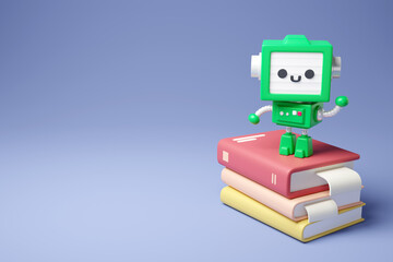 Obraz premium green AI robot and books 3d render