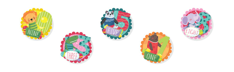 Kids Anniversary Numbers Round Sticker with Animal Vector Set