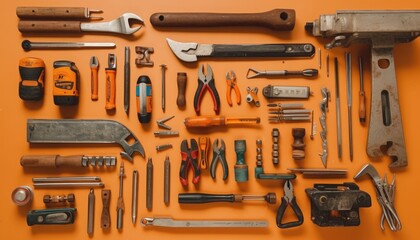 Striking Knolling Image, Work Tools Organized, Vibrant Orange Background. Generative AI