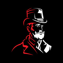 Illustration of mafia man in red and white isolated on black 