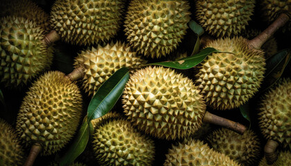 Close up of Durians in dark black background. Fresh fruit and Vegetable concept. Nutrition and vitamin theme. Generative AI