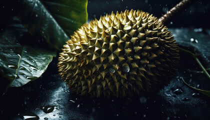 Naklejka na ściany i meble Close up of Durians in dark black background. Fresh fruit and Vegetable concept. Nutrition and vitamin theme. Generative AI