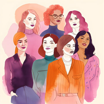 group of diverse women in stylized watercolor illustration isolated on cream, made with generative ai
