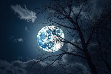 moon in the night silhouette of a spooky branch Halloween tree against a winter blue night sky with a glowing full moon and clouds, Generative AI 