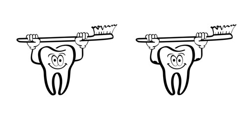 Cartoon tooth with gums and toothbrush, line pattern. Vector drawing silhouette icon. Damage teeth brush or tooth brush with caries. Cracked tooth, mouth and dental, damaged. 