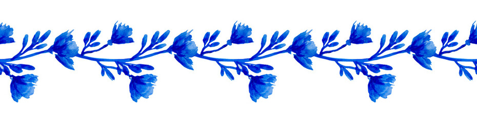 Indigo blue watercolor roses. Seamless floral horizontal pattern