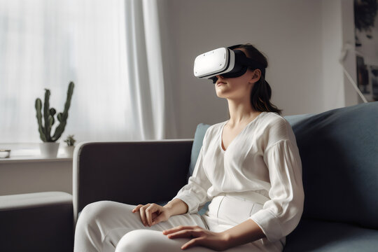 young woman wearing white VR headset in lounge room, made with generative ai