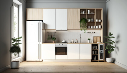 Modern light kitchen interior with furniture and kitchenware, white and wooden kitchen interior background, stylish kitchen, Generative AI