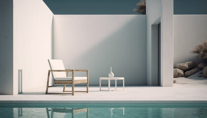 White terrace, with lounge chair and swimming pool, morning, Generative AI