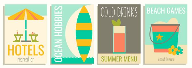 Collection of summer activities posters, vertical vector banners with leisure and summer hobbies.