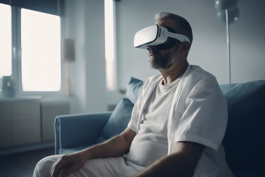 older man wearing medical VR hospital headset, futuristic treatment, made with generative ai