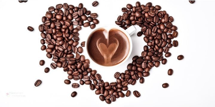 The white coffee cup and coffee beans in the shape of a heart are pictured in the image - generative ai