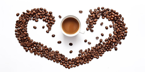 Naklejka premium A white coffee cup and coffee beans in the shape of a heart were arranged - generative ai.